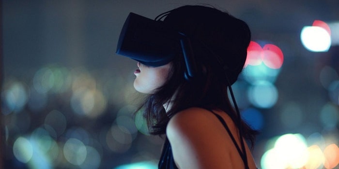 girl with VR headset in an open environment